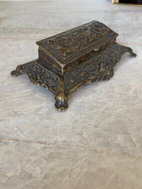 Victorian Brass Triple‑Compartment Stamp Box with Ornate Relief Detailing